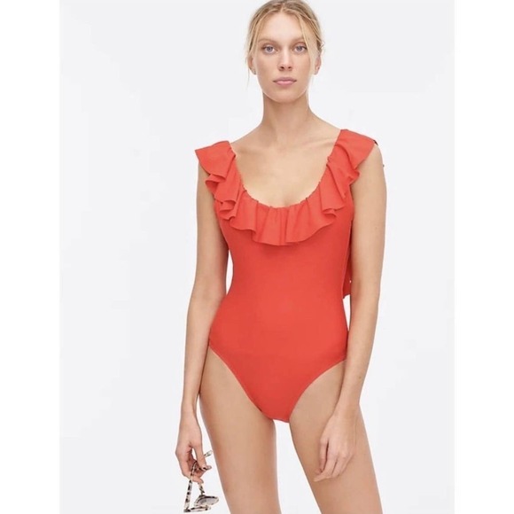 J. Crew 24 Ruffle Scoopback One Piece Swimsuit Red AK952 - Picture 1 of 7